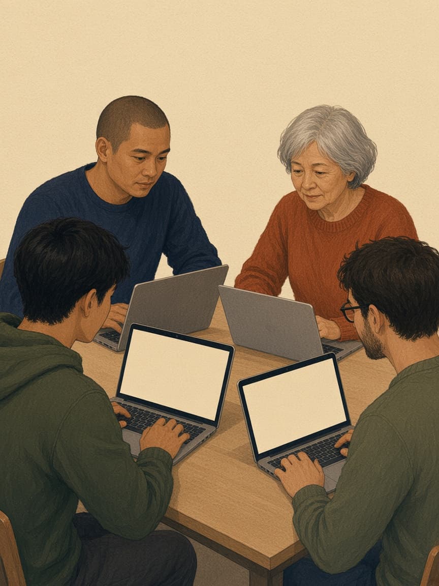 Painted group of unnamed operators at a table of laptops